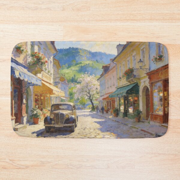 Item preview, Impressionist Street Scene Painting, Charming Shops & Vintage Car Landscape Wall Art designed and sold by BlareBlare.
