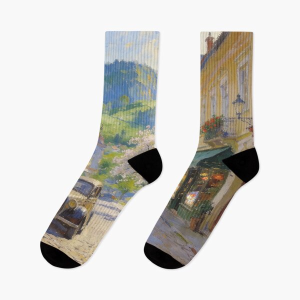 Item preview, Impressionist Street Scene Painting, Charming Shops & Vintage Car Landscape Wall Art designed and sold by BlareBlare.