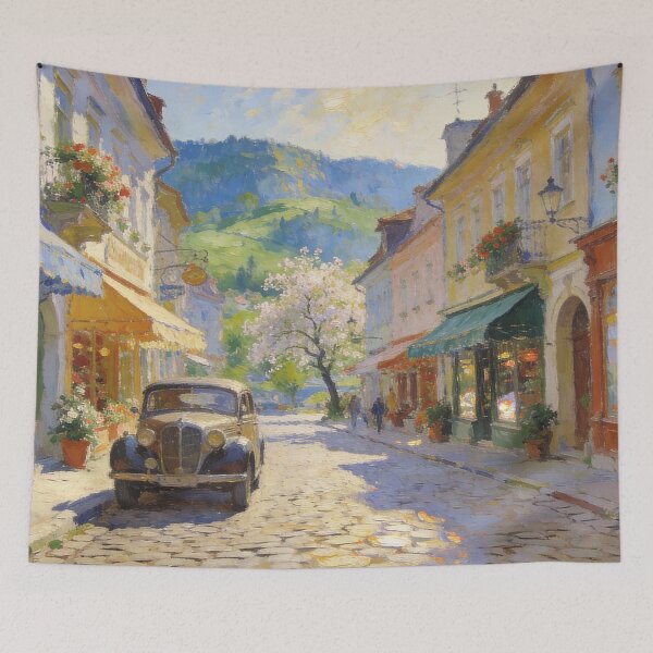Item preview, Impressionist Street Scene Painting, Charming Shops & Vintage Car Landscape Wall Art designed and sold by BlareBlare.