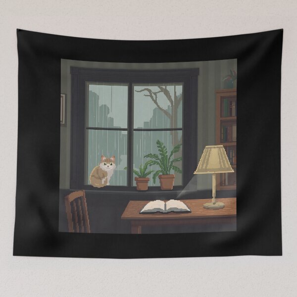 Item preview, Cozy Pixel Cafe Rainy Day Cat | Art Print designed and sold by ThePixelArchive.