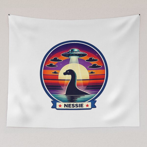Item preview, Nessie Loch Ness Monster UFO Abduction Retro Synthwave Sunset Space Art designed and sold by HuserPiri.