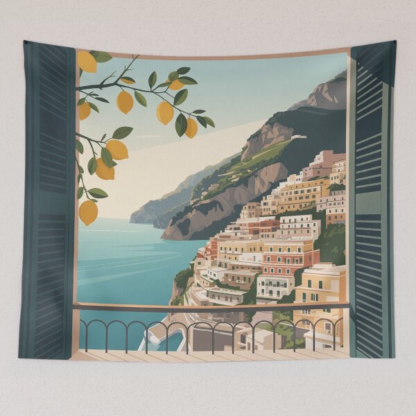 Item preview, Minimalist Amalfi Coast Poster | Positano Balcony View Scandinavian Coastal Travel Art designed and sold by Tamas Das.