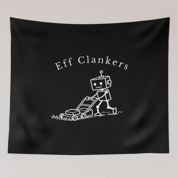Item preview, Eff Clankers Funny Robot Mowing Lawn Retro Sci-Fi Droid Illustration designed and sold by DogoMalulu.