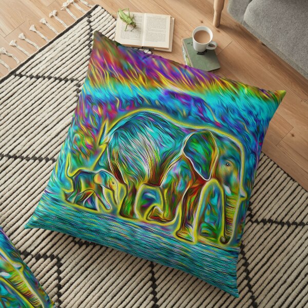 Rainbow Elephants with Yellow Glow Floor Pillow