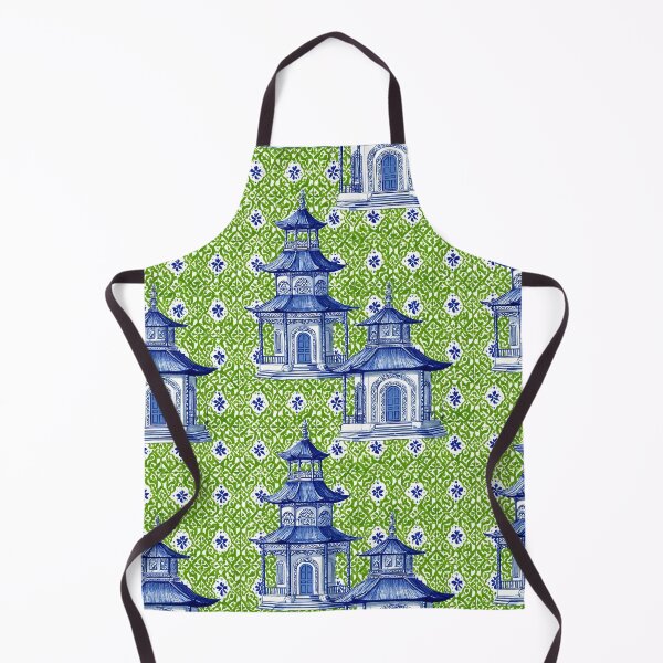 Item preview, Blue and white chinoiserie pagodas on green tiles designed and sold by SophieClimaArt.