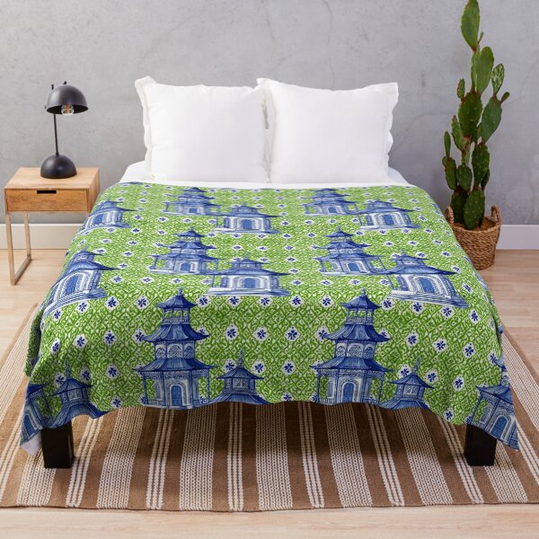 Item preview, Blue and white chinoiserie pagodas on green tiles designed and sold by SophieClimaArt.