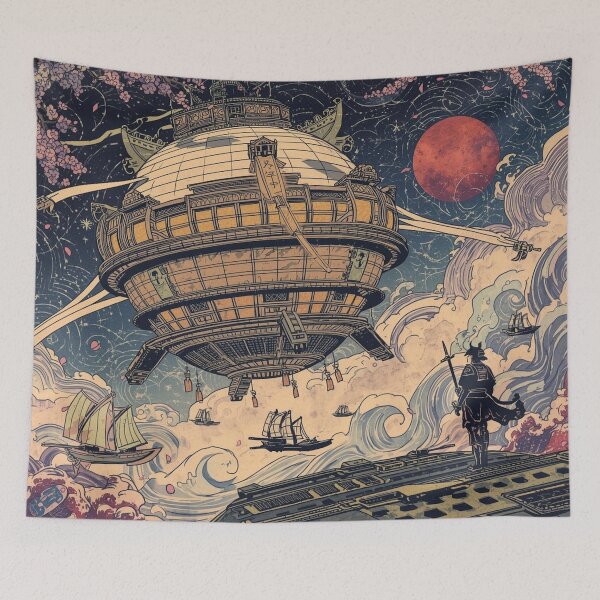 Item preview, Ukiyo-e Space Fortress Art Print – Japanese Woodblock Style Sci-Fi Lantern Planet designed and sold by Vandy Fullam.