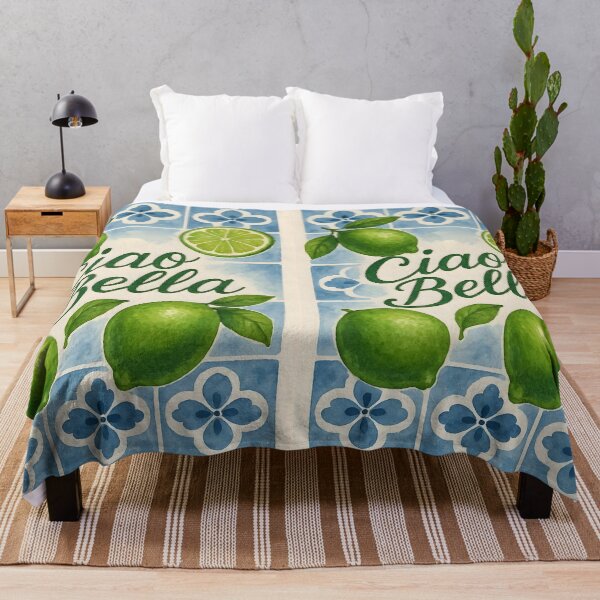 Item preview, Ciao Bella – Green Limes on Blue Italian Tiles Watercolor designed and sold by EmeraldeaArt.