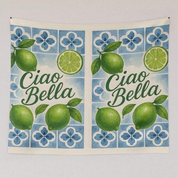 Item preview, Ciao Bella – Green Limes on Blue Italian Tiles Watercolor designed and sold by EmeraldeaArt.
