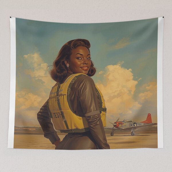 Item preview, Vintage 1940s Aviator Pin-Up Art – African American Female Pilot Runway Painting designed and sold by MissSaylor.