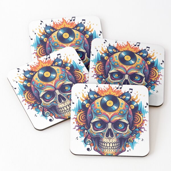 Item preview, Vibrant Musical Skull with Vinyl Records and Flames Illustration designed and sold by mdpzart.