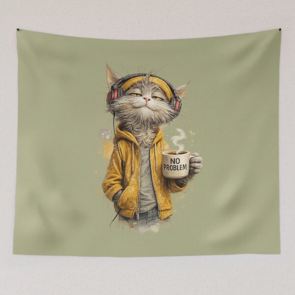 Item preview, Funny Cat with cup of coffee and headset .No problem. designed and sold by Natart1004.