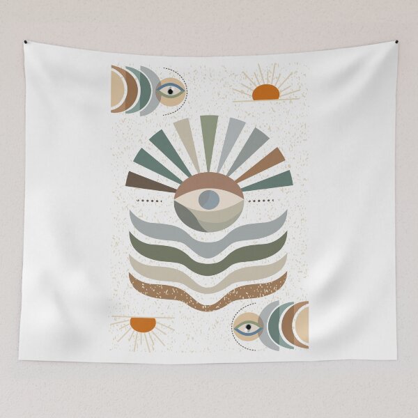 Item preview, Abstract illustration featuring a large eye at the center with radiating geometric forms in muted green, brown, and beige tones. designed and sold by CreativebyTKK.