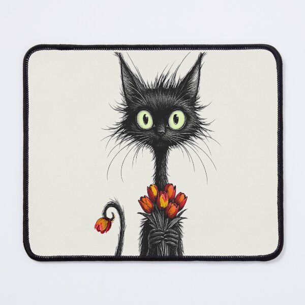 Item preview, Funny Cat with red tulips black and white minimalist art designed and sold by Natart1004.