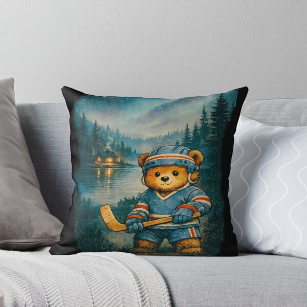 Item preview, Vintage Hockey Teddy Bear Lake Cabin Illustration  Cozy Winter Lodge Scene designed and sold by designleon19.