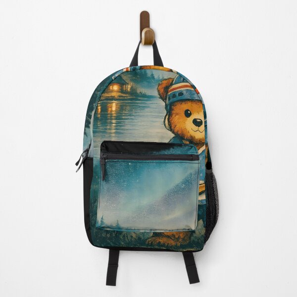 Item preview, Vintage Hockey Teddy Bear Lake Cabin Illustration  Cozy Winter Lodge Scene designed and sold by designleon19.
