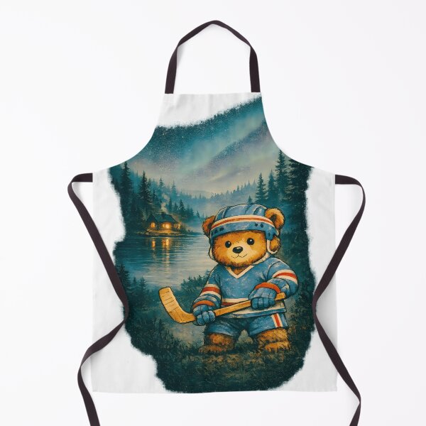 Item preview, Vintage Hockey Teddy Bear Lake Cabin Illustration Cozy Winter Lodge Scene designed and sold by designleon19.