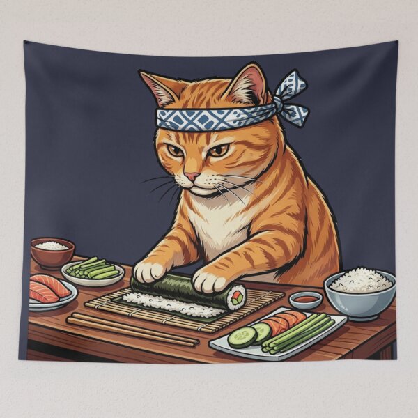 Item preview, Cute Ginger Cat Sushi Master Chef Rolling Sushi designed and sold by HappySproutArt.
