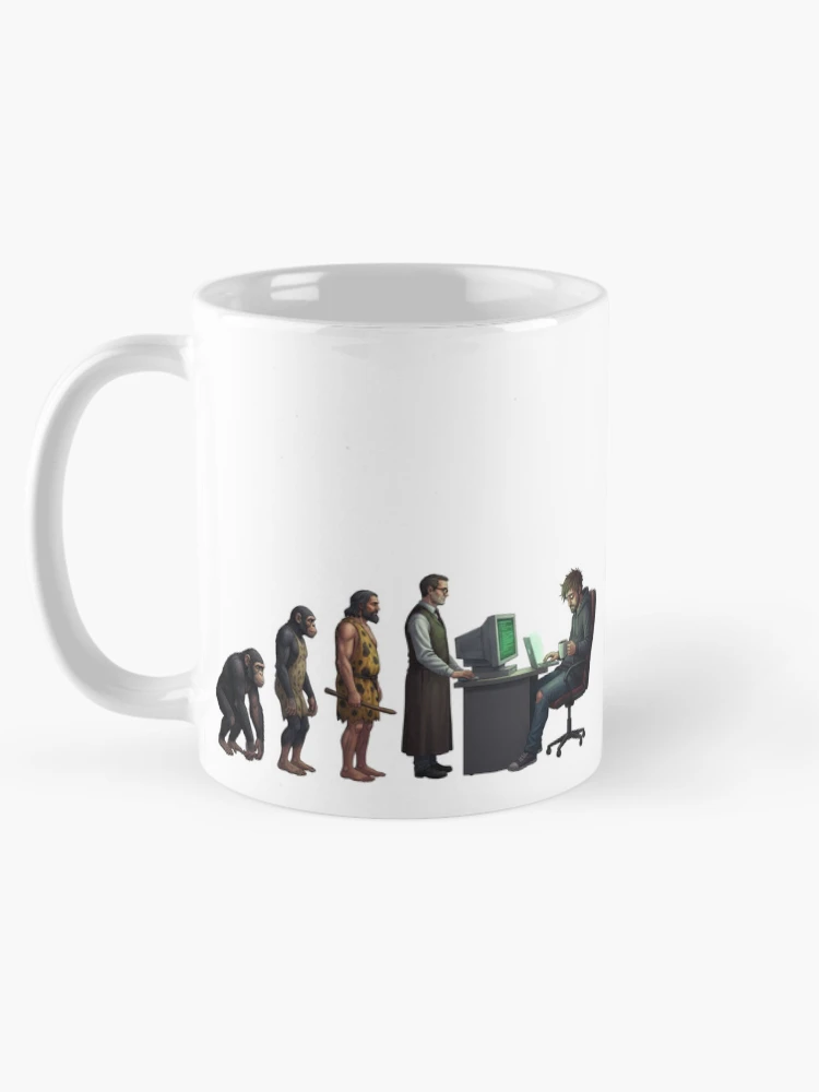Thumbnail 5 of 6, Coffee Mug, Human Evolution into Tech Support designed and sold by RØNI AI.