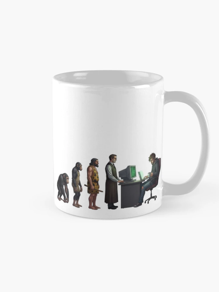 Thumbnail 3 of 6, Coffee Mug, Human Evolution into Tech Support designed and sold by RØNI AI.