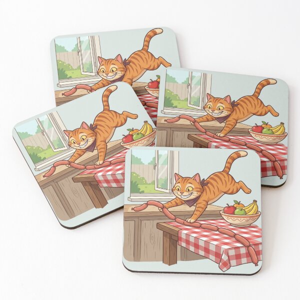 Item preview, Funny Sneaky Ginger Cat Stealing Sausages Jumping Thief designed and sold by HappySproutArt.