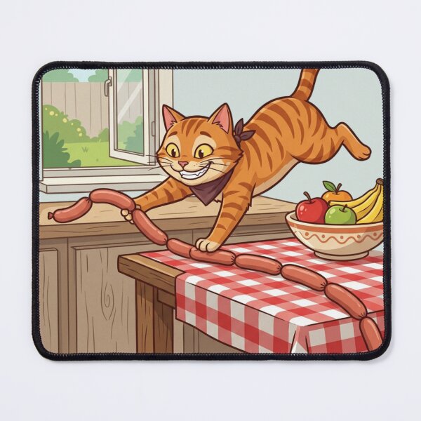 Item preview, Funny Sneaky Ginger Cat Stealing Sausages Jumping Thief designed and sold by HappySproutArt.