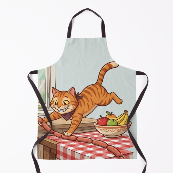 Item preview, Funny Sneaky Ginger Cat Stealing Sausages Jumping Thief designed and sold by HappySproutArt.