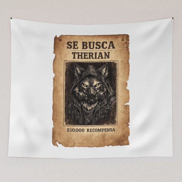 Item preview, WANTED: THERIAN. Urban wolf with a techwear mask in the style of an old west poster. designed and sold by LaModaLoKa01.
