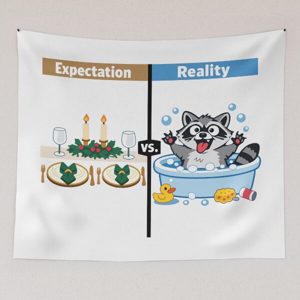 Item preview, Expectation vs Reality Holiday Dinner Raccoon Meme designed and sold by FunFitLife Studio.