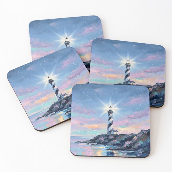 Item preview, Pastel Lighthouse Oil Painting at Sunset Coastal Seascape Wall Art designed and sold by matchakpop.