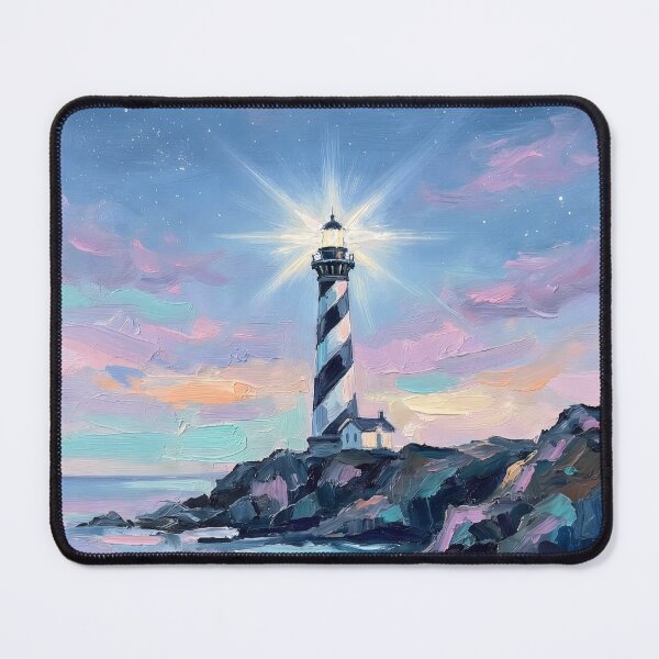 Item preview, Pastel Lighthouse Oil Painting at Sunset Coastal Seascape Wall Art designed and sold by matchakpop.
