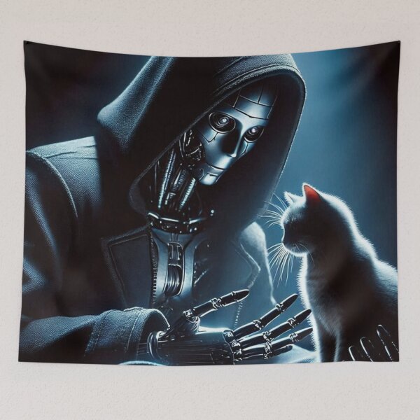 Item preview, Mysterious Robot and Cat – Futuristic Empathy Scene designed and sold by Dogandesighn.