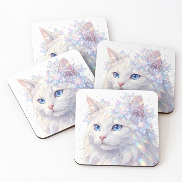 Item preview, Magical Holographic White Cat With Crystal Flowers designed and sold by DigitalAnnaBanana.
