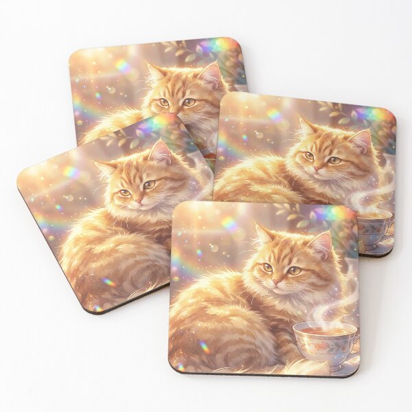 Item preview, Cozy Ginger Cat With Teacup Magical Rainbow Light designed and sold by DigitalAnnaBanana.