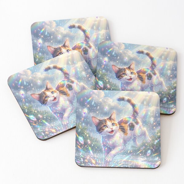 Item preview, Cute Calico Cat Playing In Rainbow Prism Rain designed and sold by DigitalAnnaBanana.