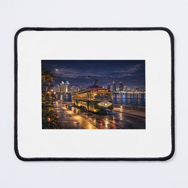 Item preview, San Diego Transit (MTS) Historic trolley and San Diego skyline at night. designed and sold by StopRequest.