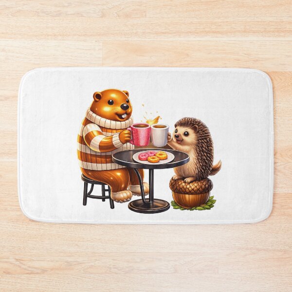 Item preview, Cute Beaver and Hedgehog Having Coffee and Donuts Illustration designed and sold by PopCultureArtShop.