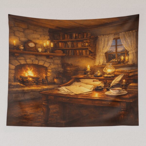 Item preview, Cottage Fireplace Writing Nook – Candlelit Letters Victorian Cottagecore Art designed and sold by ArtFreshStudio.