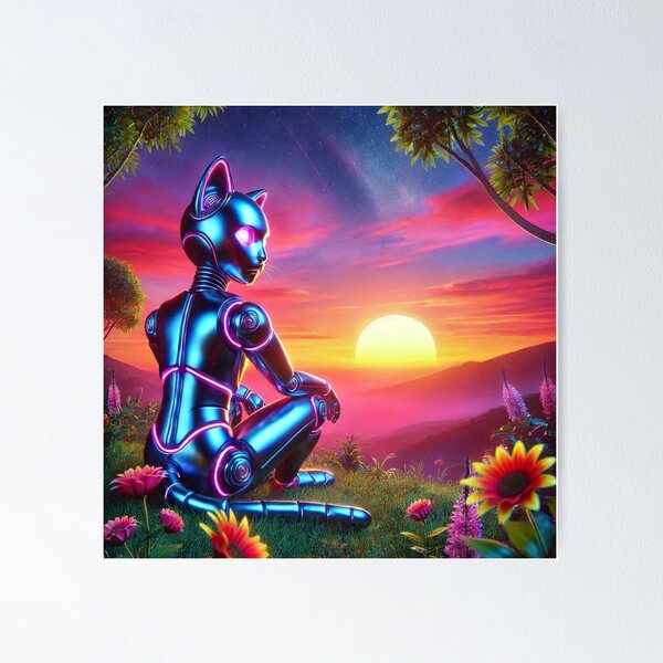 Item preview, Cyber Cat at Sunset – Futuristic Nature Scene designed and sold by Dogandesighn.