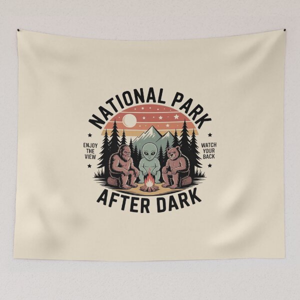 Item preview, National Park After Dark Alien Bigfoot Bear Camping Retro designed and sold by MJO80.