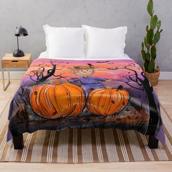 Item preview, Halloween Scarecrow in Pumpkin Patch with Bats and Crows designed and sold by ArtbyPriscilla.