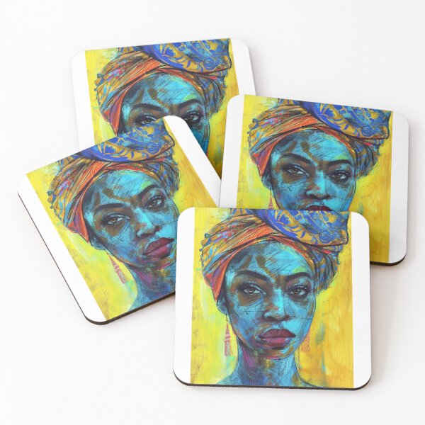 Item preview, Afro Portrait with Blue Tones - Expressionist Art with Multicolored Scarf designed and sold by Hipatye26.
