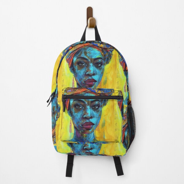 Item preview, Afro Portrait with Blue Tones - Expressionist Art with Multicolored Scarf designed and sold by Hipatye26.