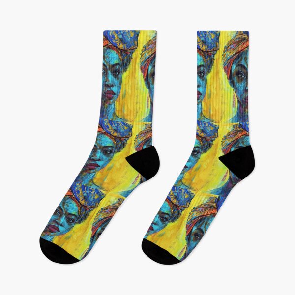 Item preview, Afro Portrait with Blue Tones - Expressionist Art with Multicolored Scarf designed and sold by Hipatye26.