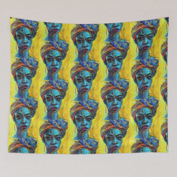 Item preview, Afro Portrait with Blue Tones - Expressionist Art with Multicolored Scarf designed and sold by Hipatye26.