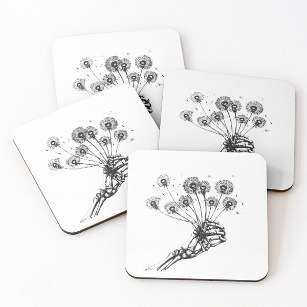 Item preview, Skeleton Hand Holding Dandelions – Gothic Botanical Black and White Art designed and sold by inkoutninja.
