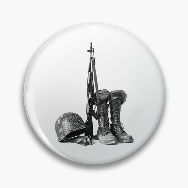 Item preview, Fallen Soldier Tribute – Boots Helmet Rifle Black and White Photo designed and sold by inkoutninja.