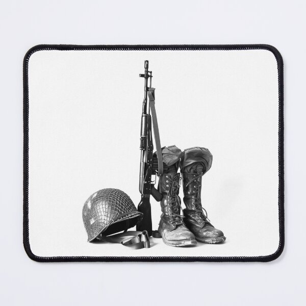 Item preview, Fallen Soldier Tribute – Boots Helmet Rifle Black and White Photo designed and sold by inkoutninja.