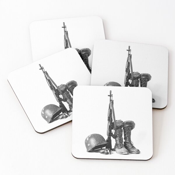 Item preview, Fallen Soldier Tribute – Boots Helmet Rifle Black and White Photo designed and sold by inkoutninja.