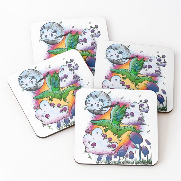 Item preview, Whimsical Flying Alligator Dragon in Mushroom Sky - Psychedelic Fantasy Illustration designed and sold by TheArtOfTreble.